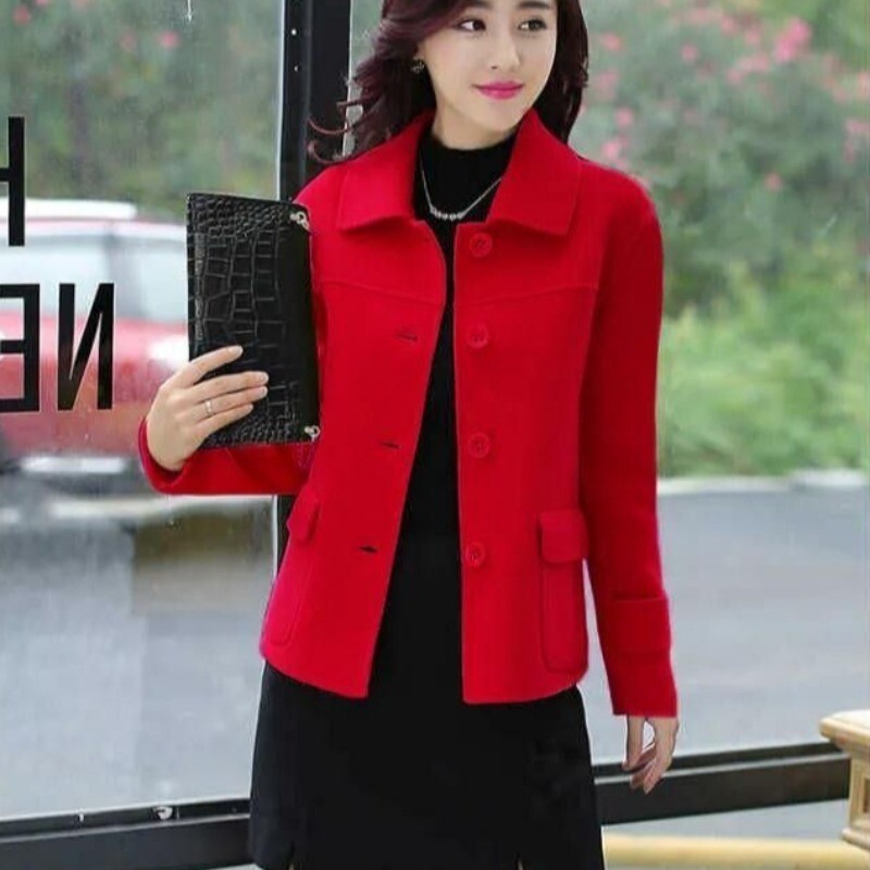 Ženski kaput od vune i mješavine polukratki žuti jednobojni ženski sakoi srednje novosti zimska odjeća 2024. na rasprodaji Ležerna moda Vruće