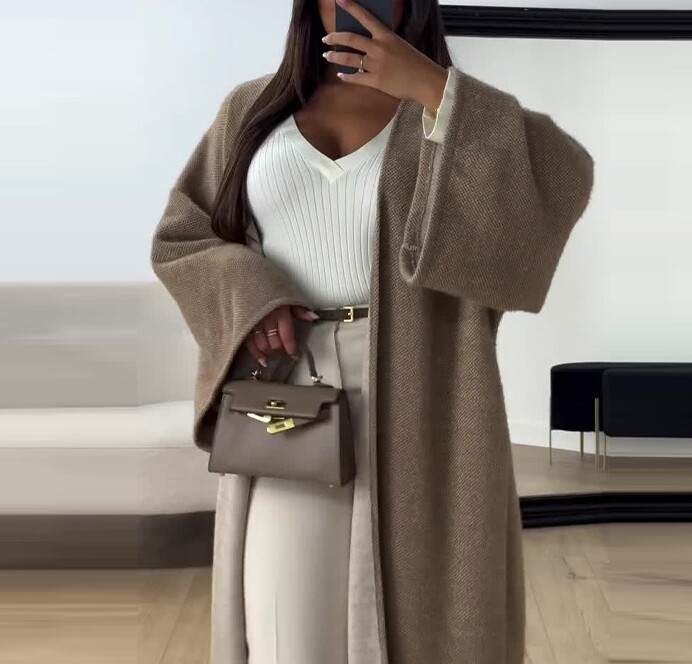 Elegantna jednobojna labava kardigan jakna srednje dužine 2025. Jesen Zima Proljeće Nova moda, ležerna