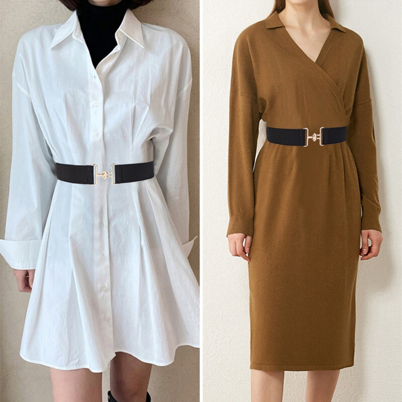 Zelta vienkārša sakausējuma sprādzes jostas Sieviešu platas, elastīgas jostasvietas kleitai, melna elastīga siksna Cummerbunds ballīšu svārki.