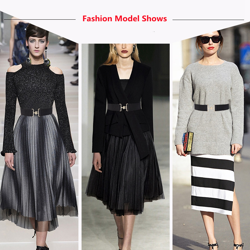 Zelta vienkārša sakausējuma sprādzes jostas Sieviešu platas, elastīgas jostasvietas kleitai, melna elastīga siksna Cummerbunds ballīšu svārki.