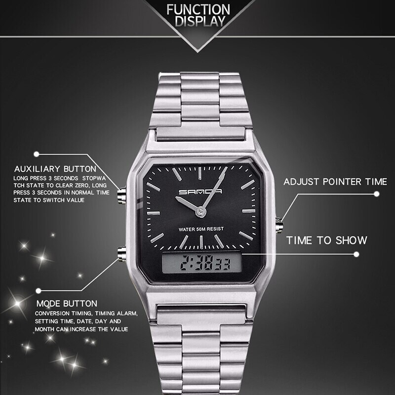 SANDA Luksusa vīriešu G stila pulksteņi nerūsējošā tērauda sieviešu LED digitālais divu displeju pulkstenis unisex ūdensizturīgs sporta kvarca pulkstenis