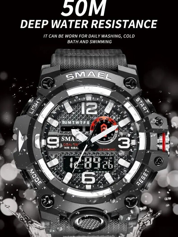 SMAEL vīriešu sporta pulksteņi divlaika digitālais pulkstenis kvarca 50 m ūdensnecaurlaidīgs pulkstenis, militārais pulkstenis, sporta 8035, vīriešu pulksteņi, rokas pulkstenis