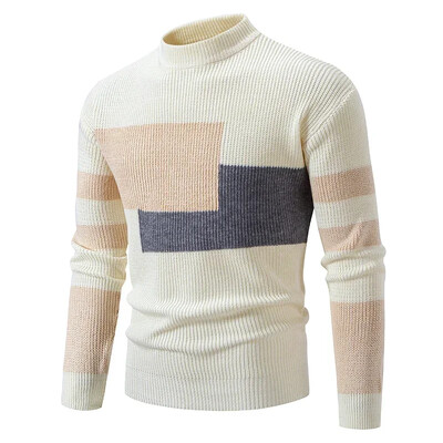 2025. gada augstas kvalitātes vīriešu jaunā rudens un ziemas ikdienas siltu krāsu bloku džemperis, trikotāžas topi, vīriešu apģērbi