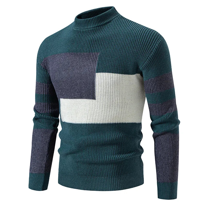 2025. gada augstas kvalitātes vīriešu jaunā rudens un ziemas ikdienas siltu krāsu bloku džemperis, trikotāžas topi, vīriešu apģērbi