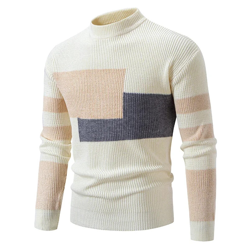 2025. gada augstas kvalitātes vīriešu jaunā rudens un ziemas ikdienas siltu krāsu bloku džemperis, trikotāžas topi, vīriešu apģērbi