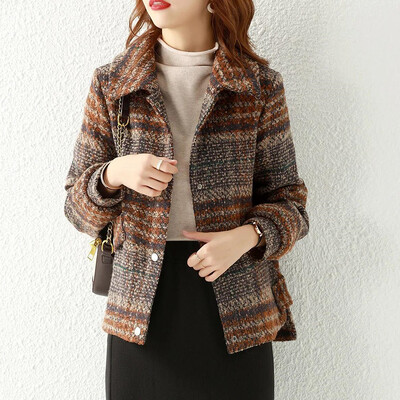 Pavasara rudens vilnas mētelis sievietēm, 2023. gada rūtaini temperamenta mēteļi, vilnas jakas, nolaižamas apkakles, modes mētelis virsdrēbes sievietēm