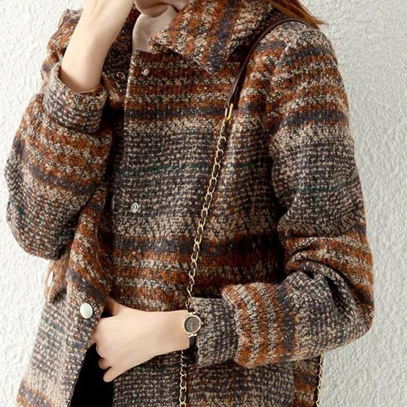Pavasara rudens vilnas mētelis sievietēm, 2023. gada rūtaini temperamenta mēteļi, vilnas jakas, nolaižamas apkakles, modes mētelis virsdrēbes sievietēm