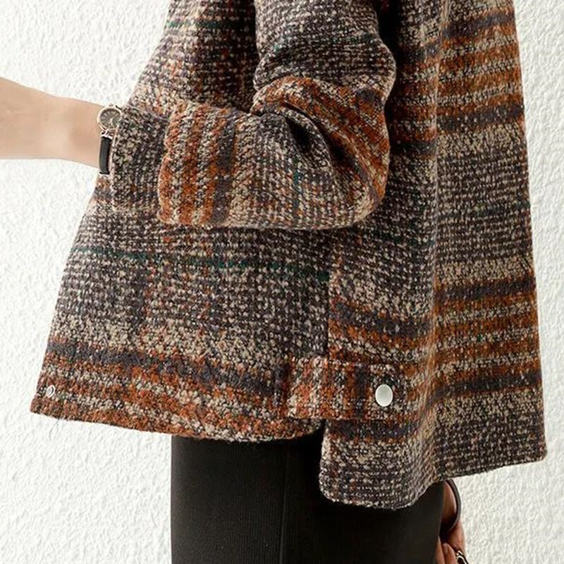 Pavasara rudens vilnas mētelis sievietēm, 2023. gada rūtaini temperamenta mēteļi, vilnas jakas, nolaižamas apkakles, modes mētelis virsdrēbes sievietēm