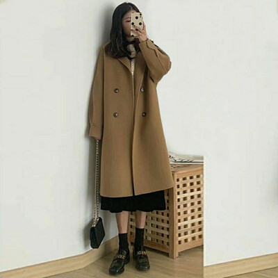 Sieviešu vilnas jaka Novelkams apkakles kabatas vienkrāsains mētelis Divrindu brīvi pieguļoši termiski virsdrēbes Sieviešu apģērbi