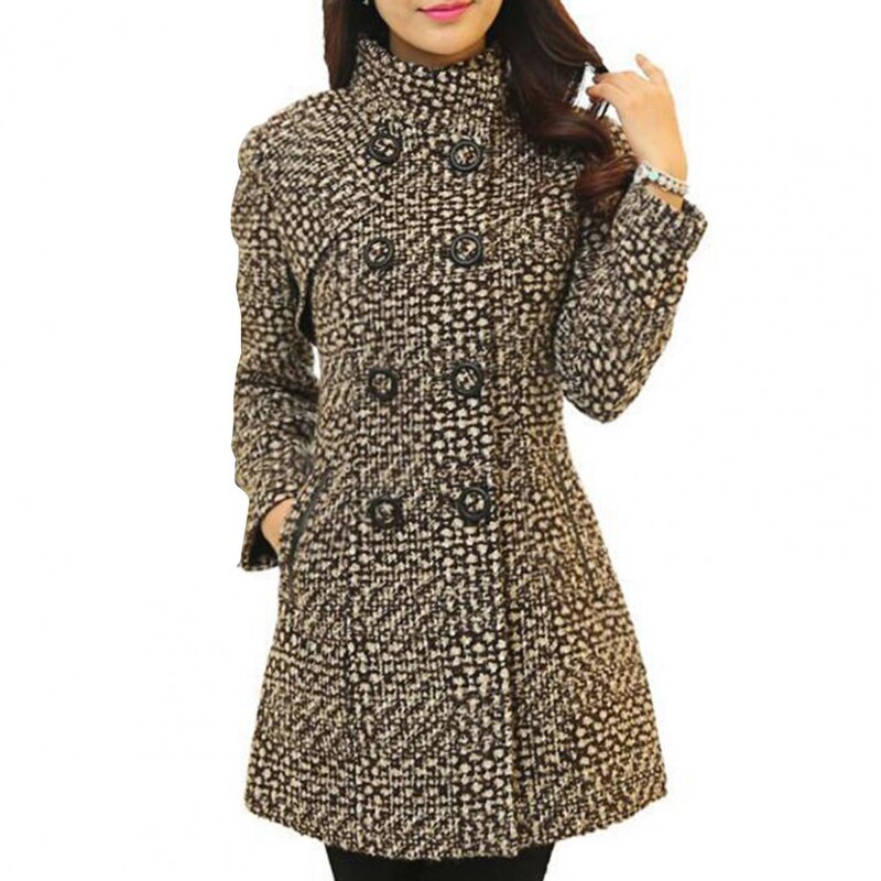 Elegants sieviešu ziemas mētelis biezs rūtains apdruka Midi garuma jaka Divrindu uzturēt siltumu pogas Biezs mātes mētelis