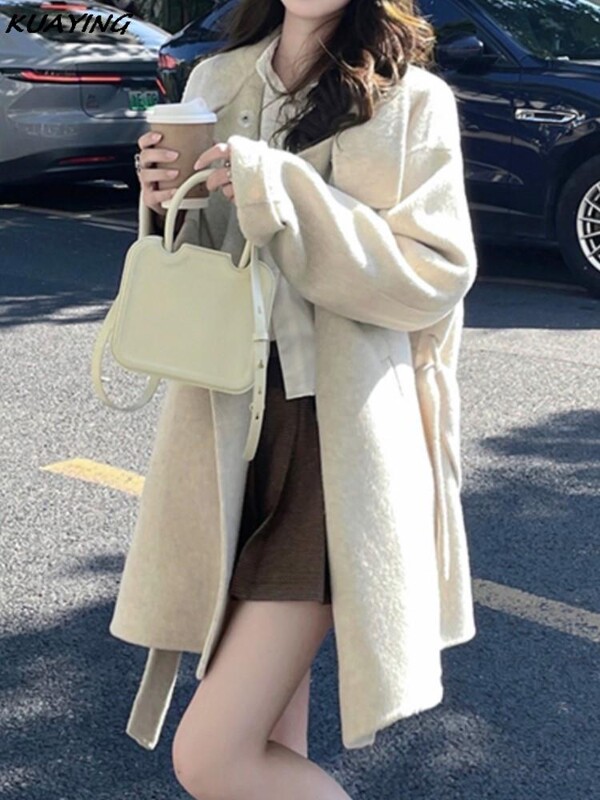 Jesen Zima Vuneni kaput s dvostrukim kopčanjem Ženski ležerni samostojeći ovratnik Topla gornja odjeća Kaputi Široke vunene jakne za putovanje na posao Žene