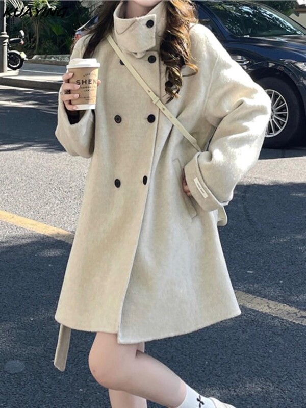 Jesen Zima Vuneni kaput s dvostrukim kopčanjem Ženski ležerni samostojeći ovratnik Topla gornja odjeća Kaputi Široke vunene jakne za putovanje na posao Žene