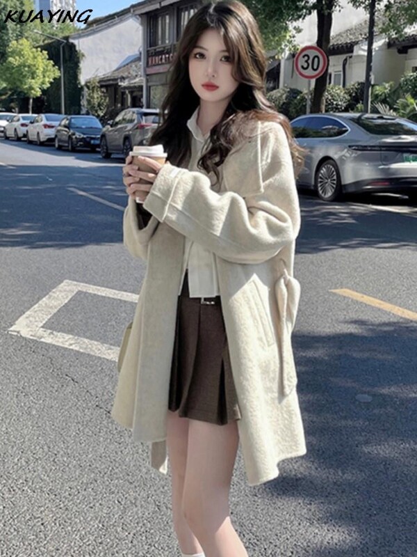 Jesen Zima Vuneni kaput s dvostrukim kopčanjem Ženski ležerni samostojeći ovratnik Topla gornja odjeća Kaputi Široke vunene jakne za putovanje na posao Žene