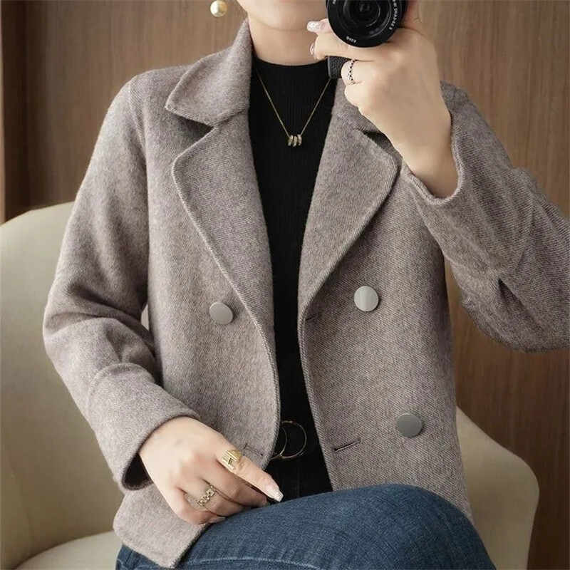 Sieviešu īss vilnas mētelis, 2024. gada rudens, ziemas, garās piedurknes, vienkrāsains sieviešu vilnas mētelis, divrindu korejiešu versijas sieviešu virsdrēbes