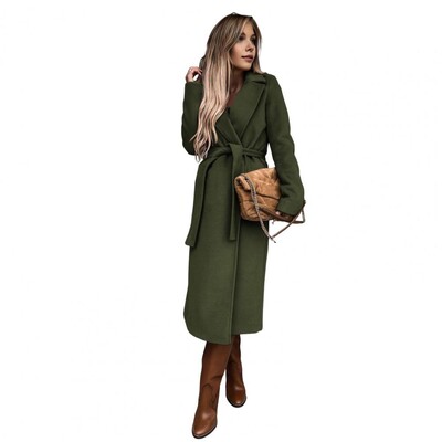 Дамско дълго палто Едноцветно палто Елегантно дамско зимно палто с колан с отложна яка Стилно прасешко за официално за времето