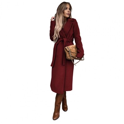 Дамско дълго палто Едноцветно палто Елегантно дамско зимно палто с колан с отложна яка Стилно прасешко за официално за времето