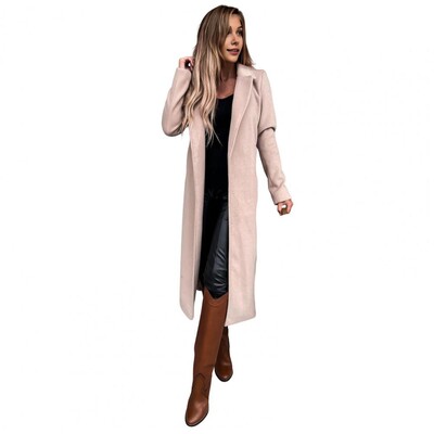 Дамско дълго палто Едноцветно палто Елегантно дамско зимно палто с колан с отложна яка Стилно прасешко за официално за времето