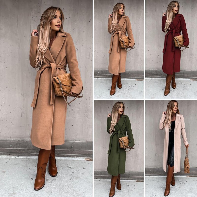 Дамско дълго палто Едноцветно палто Елегантно дамско зимно палто с колан с отложна яка Стилно прасешко за официално за времето