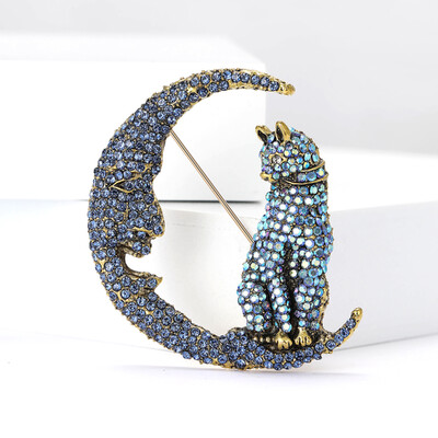 Rhinestone Moon Cat piespraudes sievietēm Unisex Rhinestone Moon dzīvnieku piespraudes Biroja ballīte Draugs Dāvanas Rotaslietas Aksesuāri