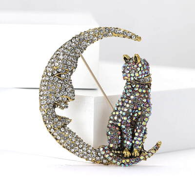 Rhinestone Moon Cat piespraudes sievietēm Unisex Rhinestone Moon dzīvnieku piespraudes Biroja ballīte Draugs Dāvanas Rotaslietas Aksesuāri