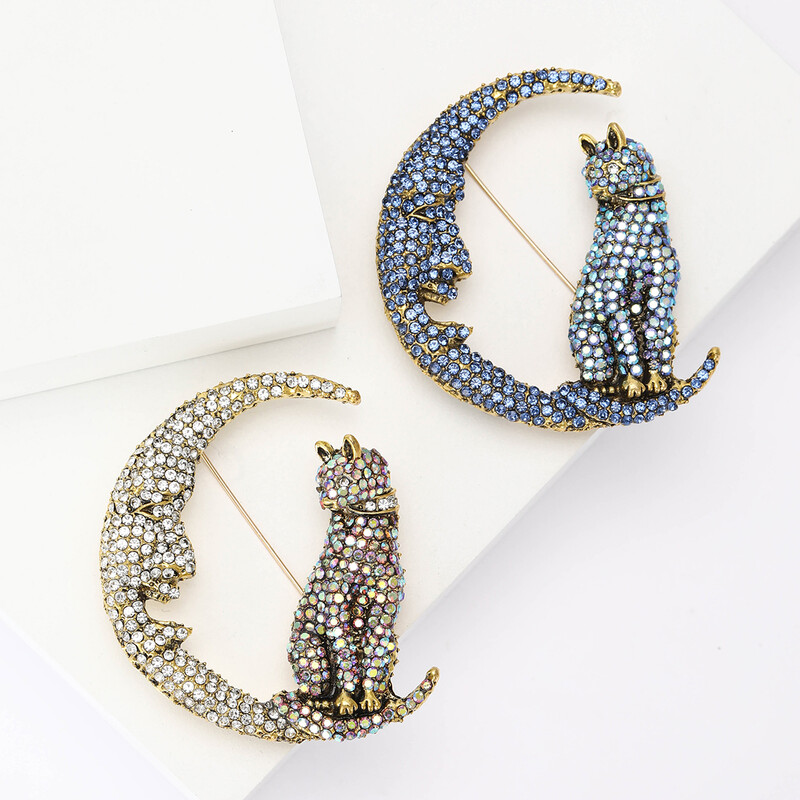 Rhinestone Moon Cat piespraudes sievietēm Unisex Rhinestone Moon dzīvnieku piespraudes Biroja ballīte Draugs Dāvanas Rotaslietas Aksesuāri