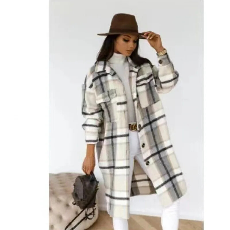 Sieviešu ar garām piedurknēm rūtaini apdrukas vilnas maisījuma mētelis rudens ziemas modes virsdrēbes vidēja garuma moderns sieviešu apģērbs