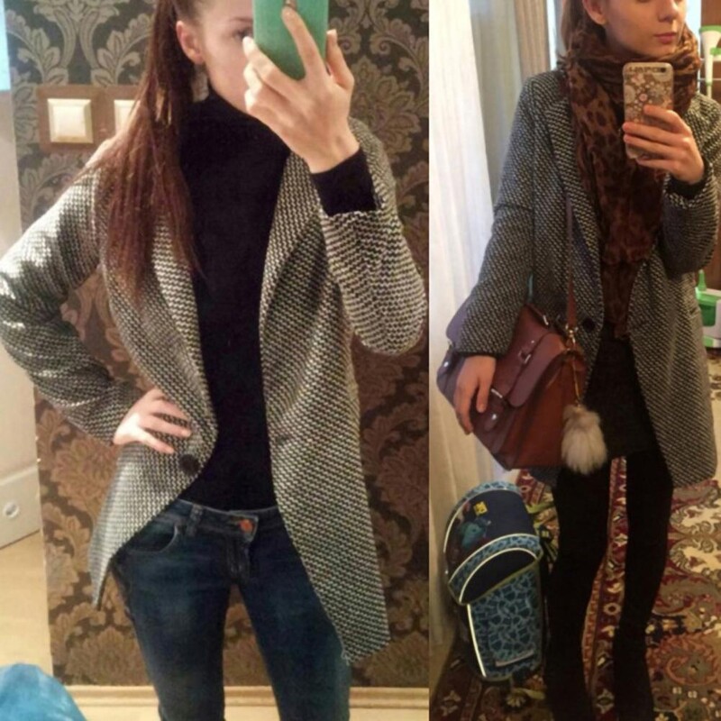 Sieviešu rūtains vilnas mētelis Slim Fit sieviešu vilnas rūtainā jaka mazgājama ar vienu pogu ar garām piedurknēm mētelis Sieviešu virsdrēbes ziemas mētelis