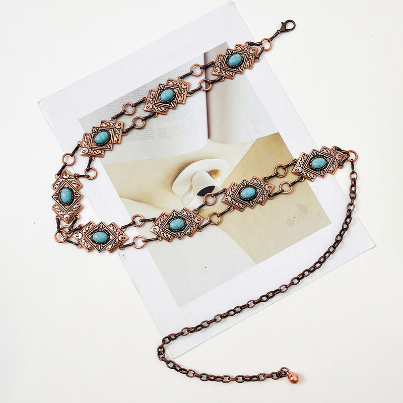 Srebrni izrez u boemskom stilu s tirkiznim ženskim lančićem oko struka