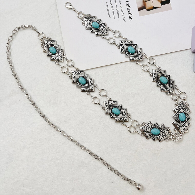 Srebrni izrez u boemskom stilu s tirkiznim ženskim lančićem oko struka