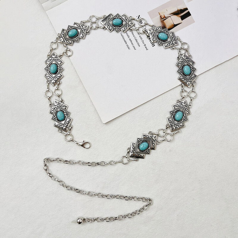Srebrni izrez u boemskom stilu s tirkiznim ženskim lančićem oko struka