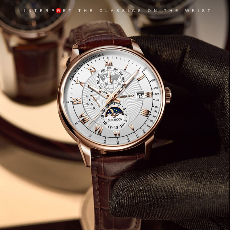 Vīriešu modes biznesa dizaina pulkstenis Luksusa ādas siksnas kvarca pulkstenis, vienkāršs apļveida ciparnīcas romiešu mēroga pulkstenis