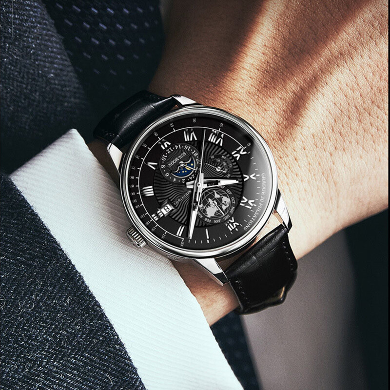 Vīriešu modes biznesa dizaina pulkstenis Luksusa ādas siksnas kvarca pulkstenis, vienkāršs apļveida ciparnīcas romiešu mēroga pulkstenis