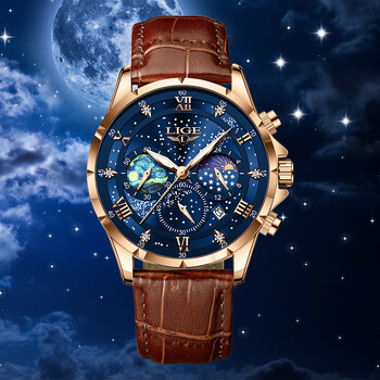 LIGE Дамски часовници Модни луксозни кварцови кожени каишки Moon Phase Водоустойчив светещ ръчен часовник Дата Бизнес Ежедневен дамски часовник