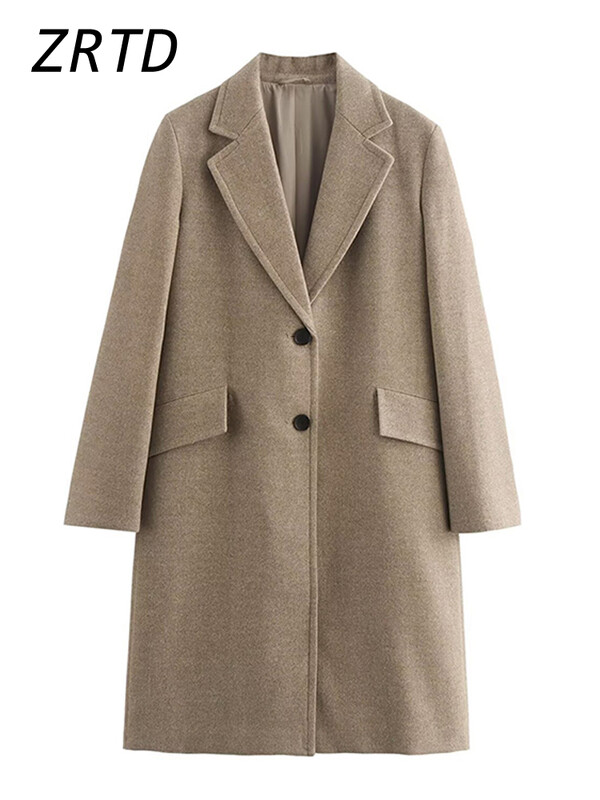 Елегантно дамско дълго вълнено палто със свободен ревер, едноредно палто с цял ръкав 2024 Есен Зима Дамско ретро улично облекло
