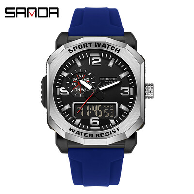 SANDA 3370 vīriešu elektroniskais pulkstenis, daudzfunkcionāls modes tendences brīvā dabā ar diviem displejiem, silikona siksniņas rokas pulkstenis pusaudžiem