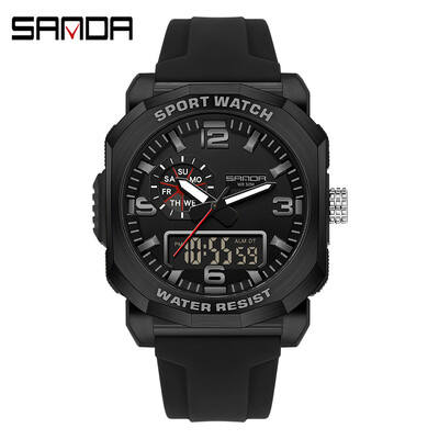 SANDA 3370 vīriešu elektroniskais pulkstenis, daudzfunkcionāls modes tendences brīvā dabā ar diviem displejiem, silikona siksniņas rokas pulkstenis pusaudžiem