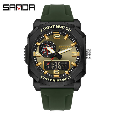 SANDA 3370 vīriešu elektroniskais pulkstenis, daudzfunkcionāls modes tendences brīvā dabā ar diviem displejiem, silikona siksniņas rokas pulkstenis pusaudžiem
