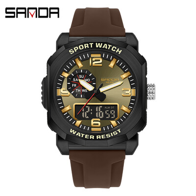 SANDA 3370 vīriešu elektroniskais pulkstenis, daudzfunkcionāls modes tendences brīvā dabā ar diviem displejiem, silikona siksniņas rokas pulkstenis pusaudžiem