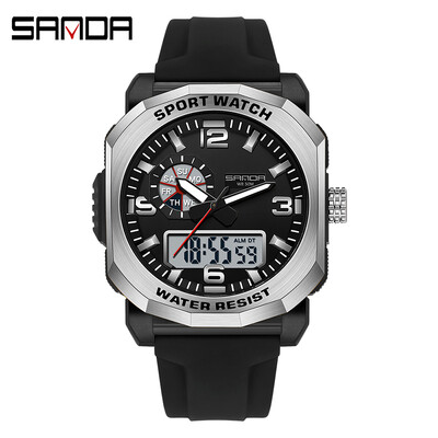 SANDA 3370 vīriešu elektroniskais pulkstenis, daudzfunkcionāls modes tendences brīvā dabā ar diviem displejiem, silikona siksniņas rokas pulkstenis pusaudžiem