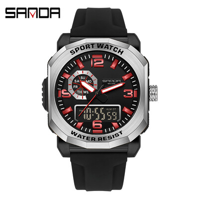 SANDA 3370 vīriešu elektroniskais pulkstenis, daudzfunkcionāls modes tendences brīvā dabā ar diviem displejiem, silikona siksniņas rokas pulkstenis pusaudžiem