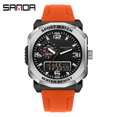 SANDA 3370 vīriešu elektroniskais pulkstenis, daudzfunkcionāls modes tendences brīvā dabā ar diviem displejiem, silikona siksniņas rokas pulkstenis pusaudžiem