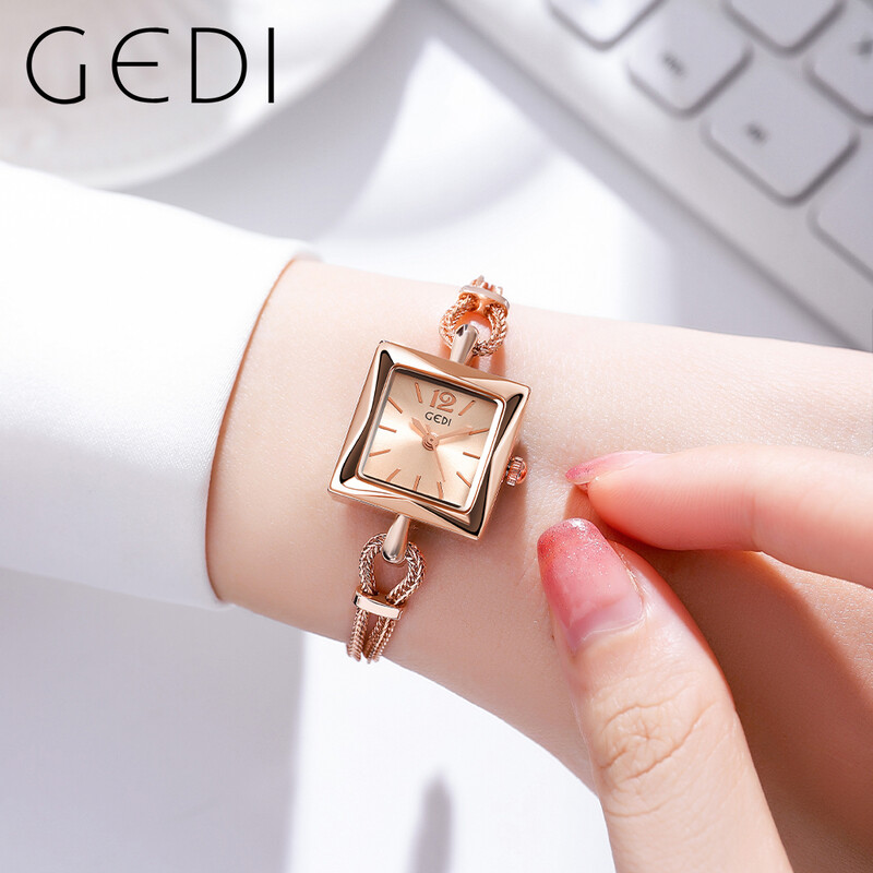 2024. gada modes Gedi labākā zīmola rozā zelts sieviešu kvadrātveida rokas pulkstenis, sakausējums, virves, ūdensizturīgs, grezns sieviešu kvarca dārgakmens, 20 mm