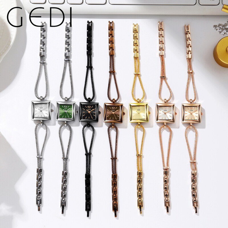 2024. gada modes Gedi labākā zīmola rozā zelts sieviešu kvadrātveida rokas pulkstenis, sakausējums, virves, ūdensizturīgs, grezns sieviešu kvarca dārgakmens, 20 mm