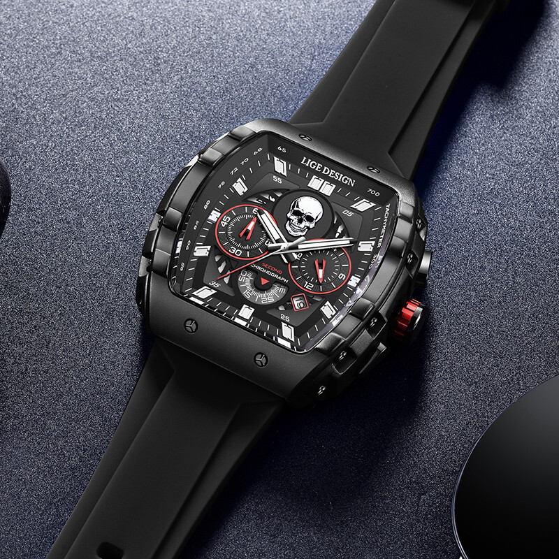 LIGE Модни силиконови мъжки часовници Skeleton Skull Голям циферблат Военен часовник Мъжки хронограф Кварцов ръчен часовник за мъже Часовник с дата