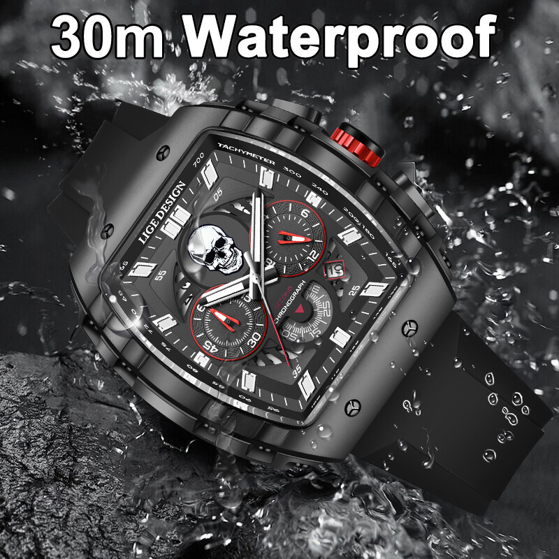 LIGE Модни силиконови мъжки часовници Skeleton Skull Голям циферблат Военен часовник Мъжки хронограф Кварцов ръчен часовник за мъже Часовник с дата