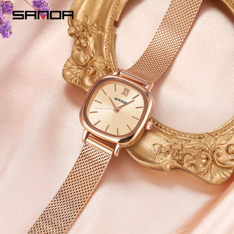 Fashion Sanda Ženski luksuzni ženski luksuzni ružičasti zlatni brojčanik Kvarcna ženska haljina Originalni sat Najbolji čelični sat od kože i mreže na darove