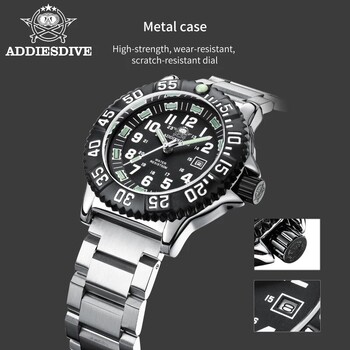 Addies Dive Men Fashion Casual Calendar Display 50m Αδιάβροχο σωλήνα Φωτεινό ρολόι Μαύρο καντράν Περιστρεφόμενο ρολόι χαλαζία με στεφάνη