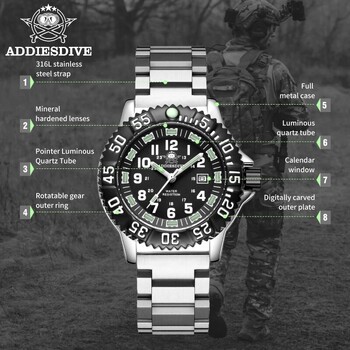 Addies Dive Men Fashion Casual Calendar Display 50m Αδιάβροχο σωλήνα Φωτεινό ρολόι Μαύρο καντράν Περιστρεφόμενο ρολόι χαλαζία με στεφάνη