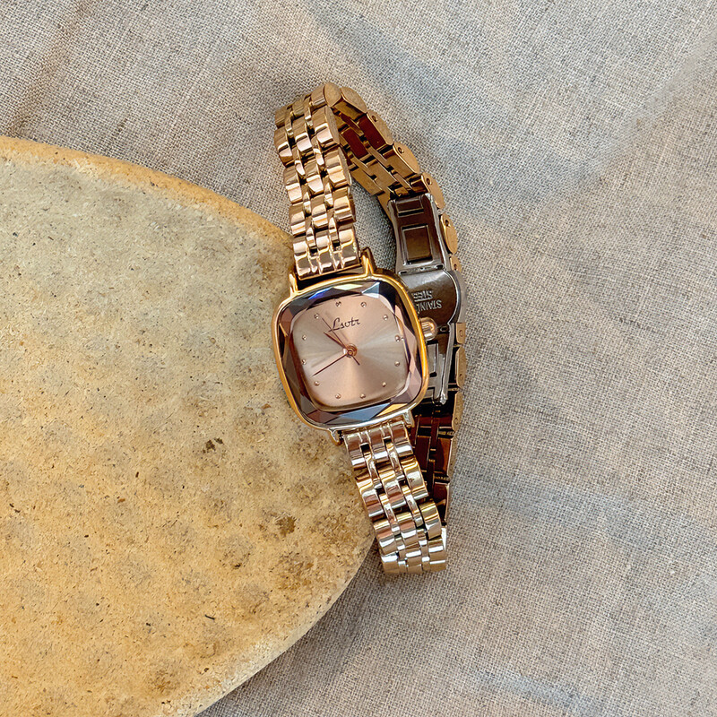 1kom novodošli, čvrsti remen od nehrđajućeg čelika, ležeran, jednostavan, moderan, vodootporan, mini kvadratni ženski kvarcni sat s ružičastim zlatom