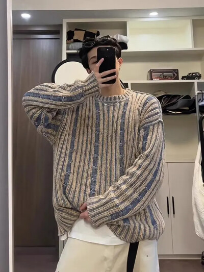 2024. gada jauns vīriešu augstākās klases Feels džemperis rudens/ziemas korejiešu stila senlaicīgā krāsā, bloķējošs, apaļš kakla gadījuma trikotāžas tops